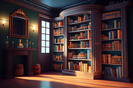 Round bookshelf in public library. Generative Aiの素材