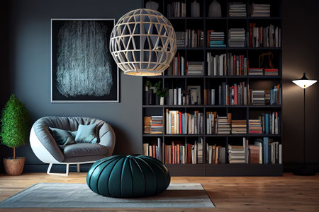 A computer desk and a bookcase are seen in a 3D picture. Generative Aiの素材