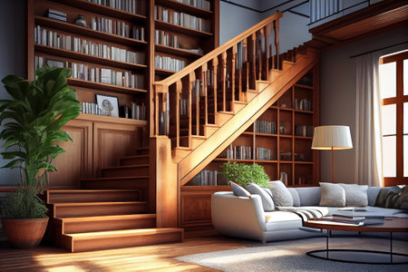 Living room with wooden staircase and bookcase. Generative Aiの素材