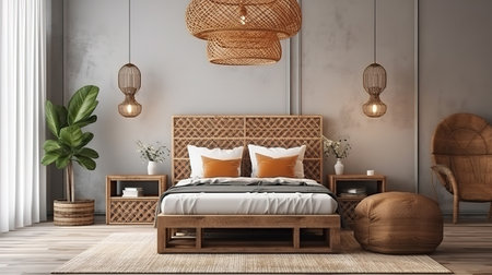 Home mockup, bedroom interior background with rattan furniture and empty frames. Generative Aiの素材