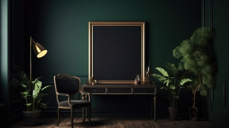 Frame mockup in dark green home interior, 3d render, Bright color. Generative Aiの素材