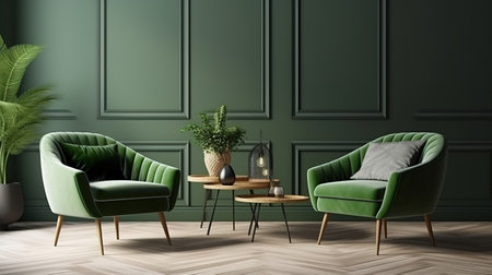 Home interior mock-up with green armchairs, table and decor in living room. Generative Aiの素材