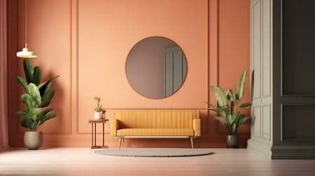 Blank wooden picture frame mockup on wall in modern interior. Generative Aiの素材