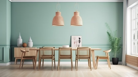 Frame mockup in farmhouse dining room interior, 3d render, Bright color. Generative Aiの素材