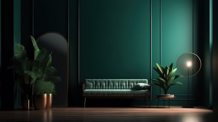 Mock-up poster gallery wall with 7 frames in solid pastel dark green room. Generative Aiの素材