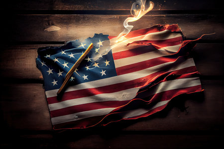 Happy labor day, American Flag With Sparklers And Smoke On Rustic Wooden Background. Generative Aiの素材