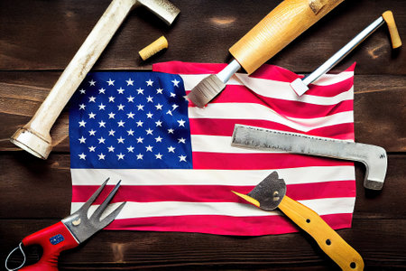 Labor day. hand tools and the flag of the united states of america lying on the table. Generative Aiの素材