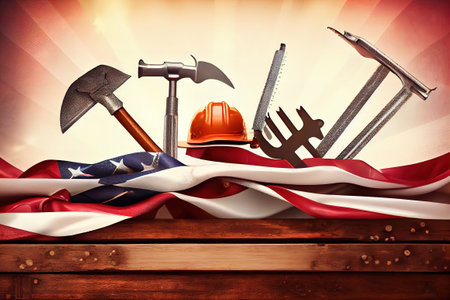 Happy Labor day concept. American flag with different construction tools. Generative Aiの素材