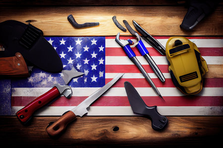 Happy labor day, Tools group different job on rustic wooden table, colorful with USA Flag. Generative Aiの素材