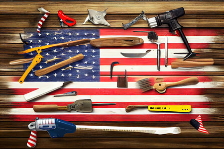 Labor day, usa america flag with many handy tools on wooden. Generative Aiの素材