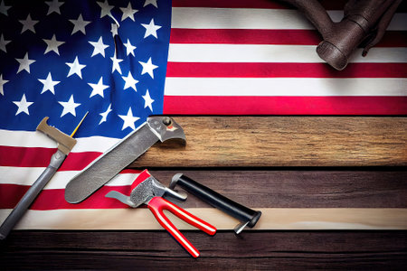 Labor day. hand tools and the flag of the united states of america lying on the table. Generative Aiの素材