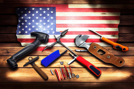 Happy labor day, American flag and tools near the helmet labor day concept. Generative Aiの素材