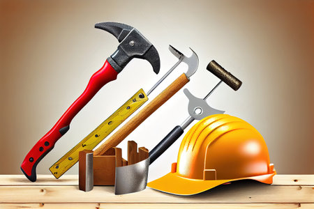 Happy labor day, Construction tools on dark wooden background. Generative Aiの素材