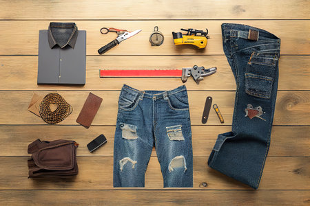 Top view design concept of labor day with working tools and jeans. Generative Aiの素材