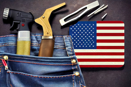Set of tools and american flag in jeans pocket. labor day background concept. Generative Aiの素材