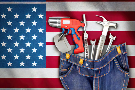 Happy labor day, Top view of clock and american accessories. Generative Aiの素材