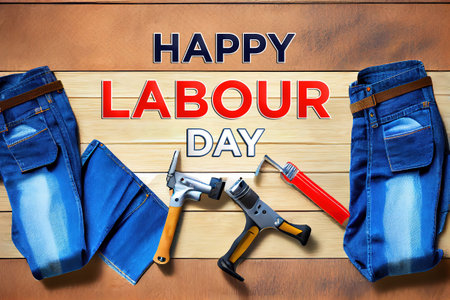 Top view design concept of labor day with working tools and jeans. Generative Aiの素材