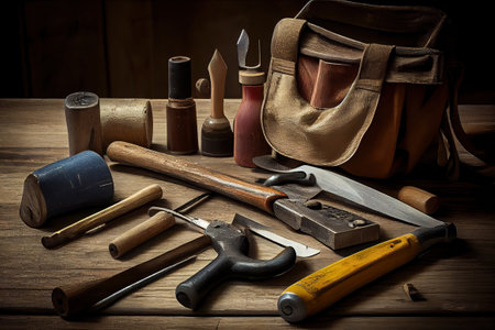 Happy labor day, Tools group different job on rustic wooden table. Generative Aiの素材