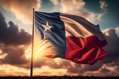 Labor day, Flag of Texas at cloudy sky background on sunset. Patriotic concept about state. Generative Aiの素材