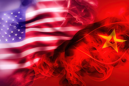 Labor day, Abstract explosion of red and blue holi colored powder with the usa. Generative Aiの素材