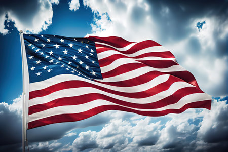 Closeup shot of the american flag waving in the air under a cloudy sky. Happy Labor Day. Generative Aiの素材
