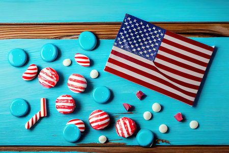 Holiday cakes and usa flag on wooden table during independence day. Happy Labor Day. Generative Aiの素材