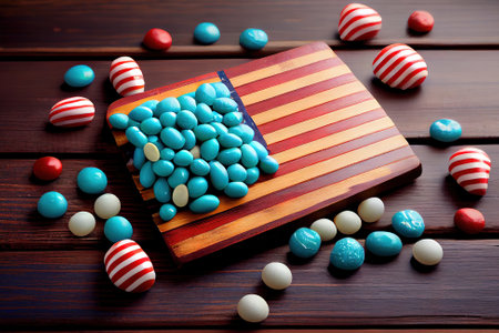 USA flag with delicious candies on blue wooden background. Happy Labor Day. Generative Aiの素材