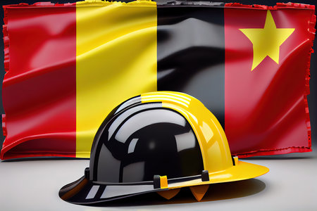 Happy Labor Day. Construction tools and hardhat on flag of Belgium. Generative Aiの素材