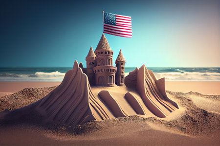 Happy Labor Day. Cuban sandcastle with American flag on beach. Generative Aiの素材
