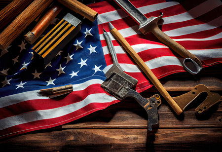 Happy Labor day. Labor Day, USA America flag with many handy tools. Generative Aiの素材
