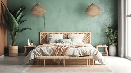 Home mockup, Coastal boho style bedroom interior background, 3d render. Generative Aiの素材