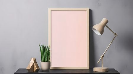 Mockup photo frame green wall mounted on the wooden cabinet. Generative Aiの素材