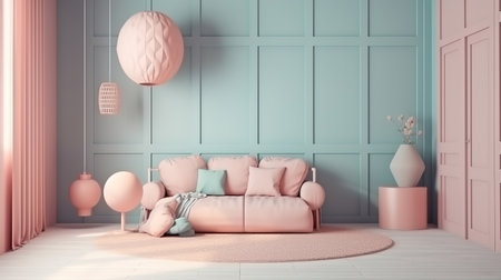 Interior of beige living room with furnishings made of natural wood. Generative Aiの素材
