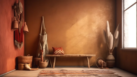 Wall mockup in nomadic boho interior background with rustic decor. Generative Aiの素材