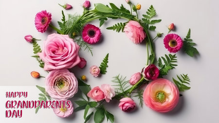 Happy Grandparents Day round frame shape Wreath of pink tea roses, ranunculus, chamomile. Generative Aiの素材