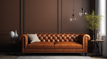 Home interior mock-up with brown leather sofa, table and decor in living room. Generative Aiの素材