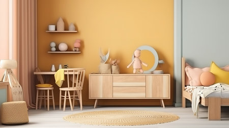 Mock up frame in children room with natural wooden furniture. Generative Aiの素材