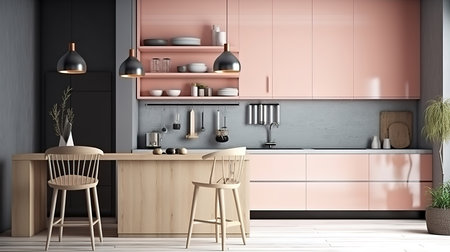Scandinavian kitchen interior, wall mock up, 3d render, Bright color. Generative Aiの素材