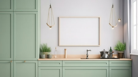 Frame mockup in Scandinavian kitchen interior, 3d render, Bright color. Generative Aiの素材