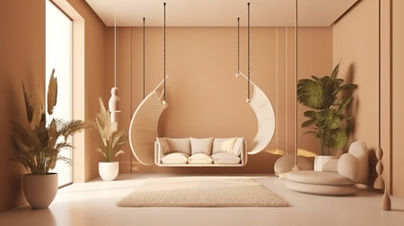 Contemporary nomadic home interior background in warm beige tones. Generative Aiの素材