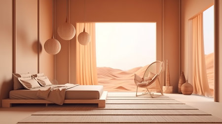 A glass vase with dried flowers standing next to a bed with different colors. Generative Aiの素材