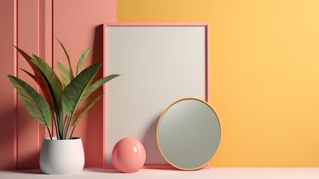 Mockup poster frame close up on wall, 3d render, Bright color. Generative Aiの素材
