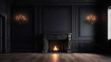 Home mockup, dark classic interior with burning fireplace, 3d render. Generative Aiの素材