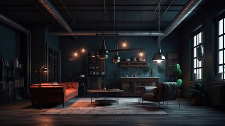 Modern home interior in dark colors loft. Generative Aiの素材