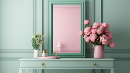 Mock up poster frame on commode with flowers in interior background. Generative Aiの素材