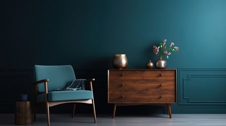 A blue chair in a dark room with a white background. Generative Aiの素材