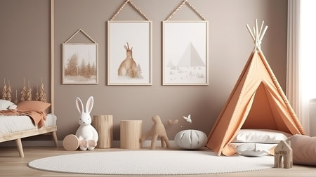 Creative composition of cozy scandinavian child's room interior. Generative Aiの素材