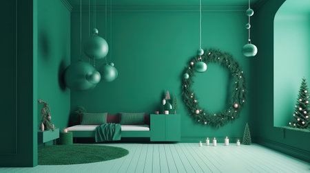 Green room decorated for Christmas, wall mockup. Generative Aiの素材