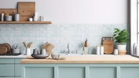 Stylish interior of kitchen space with wooden table, brown photo frame. Generative Aiの素材