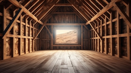 Frame mockup in cozy barn interior background, 3d render. Generative Aiの素材